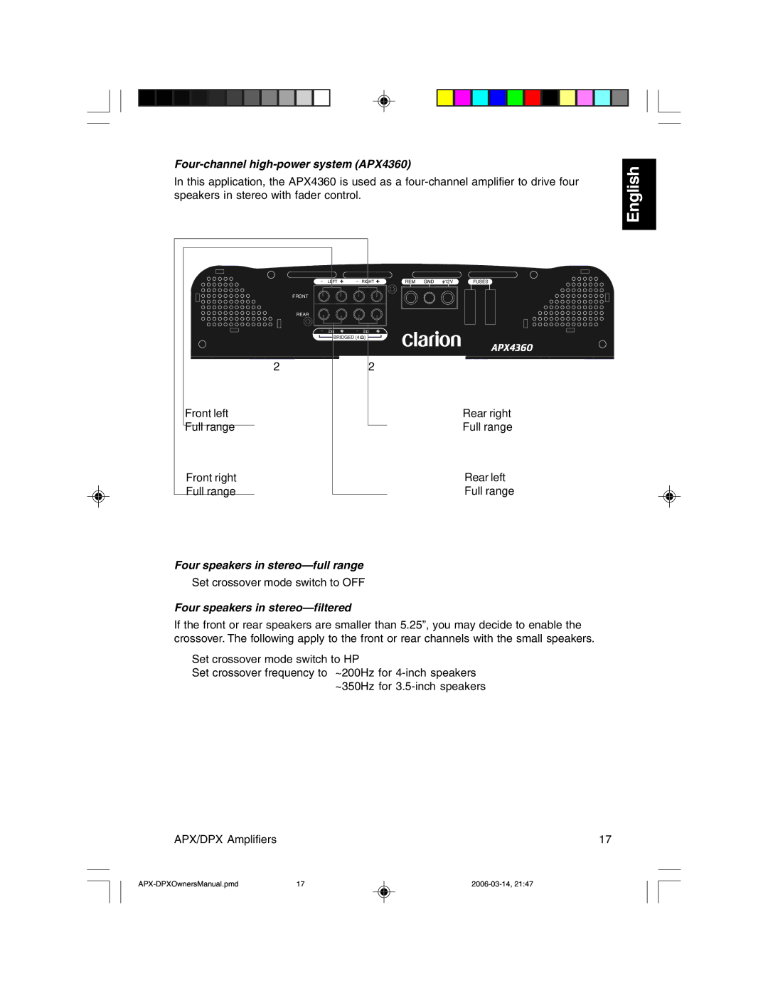 Clarion APX2180, DPX1800, DPX11500, DPX2250 Four-channel high-power system APX4360, Four speakers in stereo-full range 