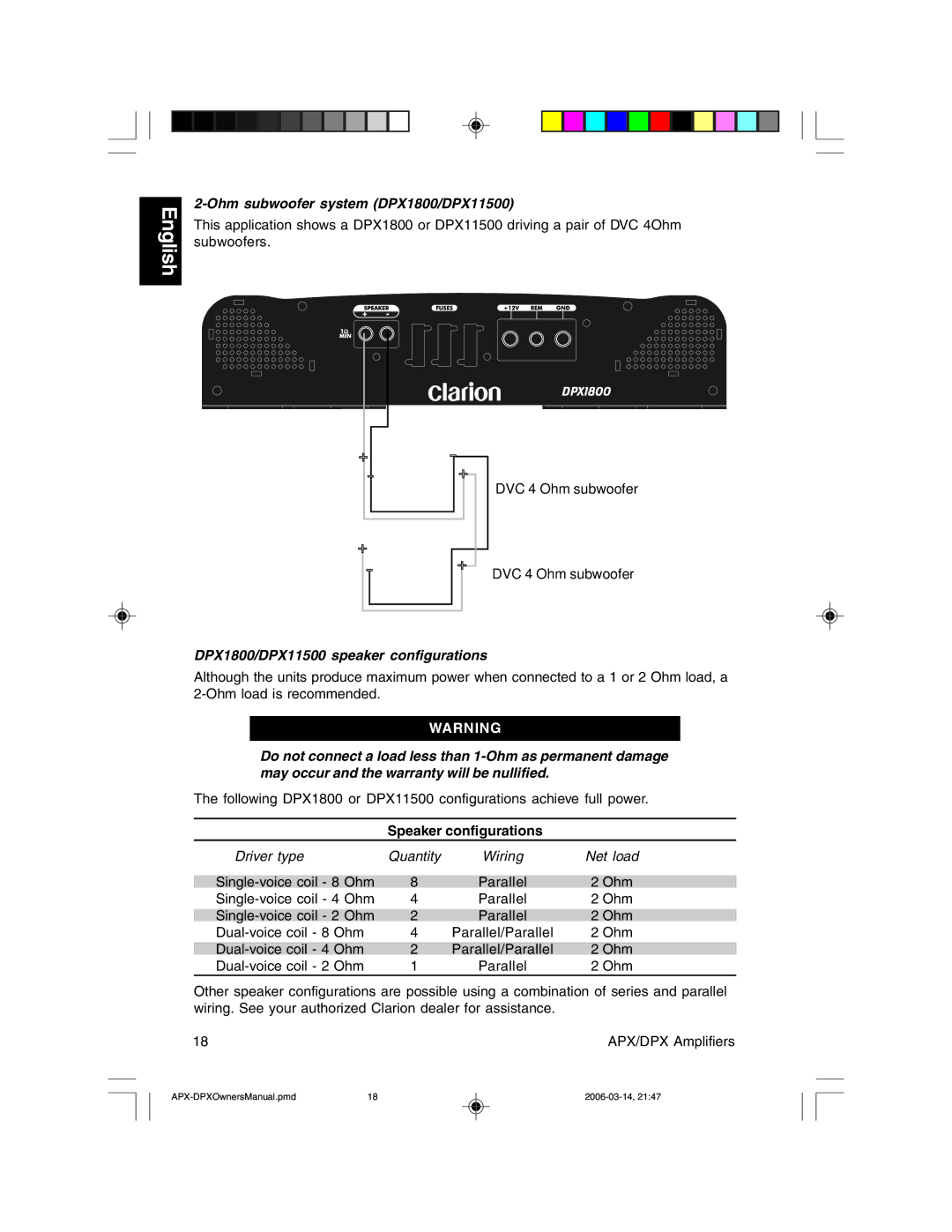 Clarion DPX2250 Ohm subwoofer system DPX1800/DPX11500, DPX1800/DPX11500 speaker configurations, Speaker configurations 