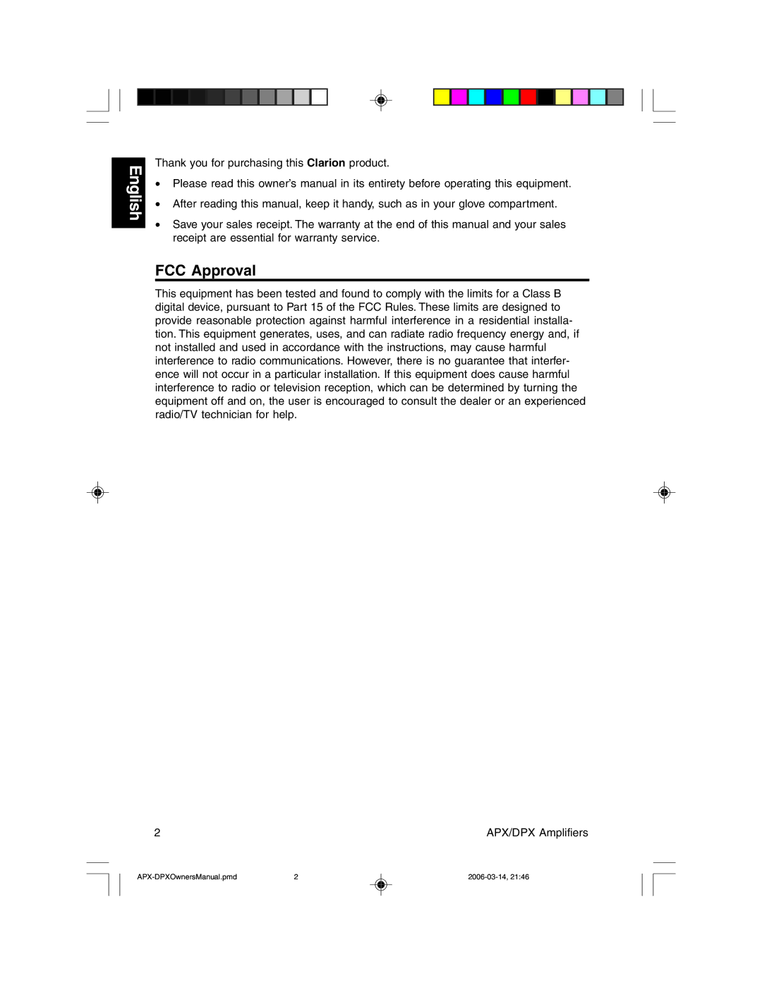 Clarion APX2180, DPX1800, DPX11500, DPX2250, APX4360 owner manual FCC Approval 