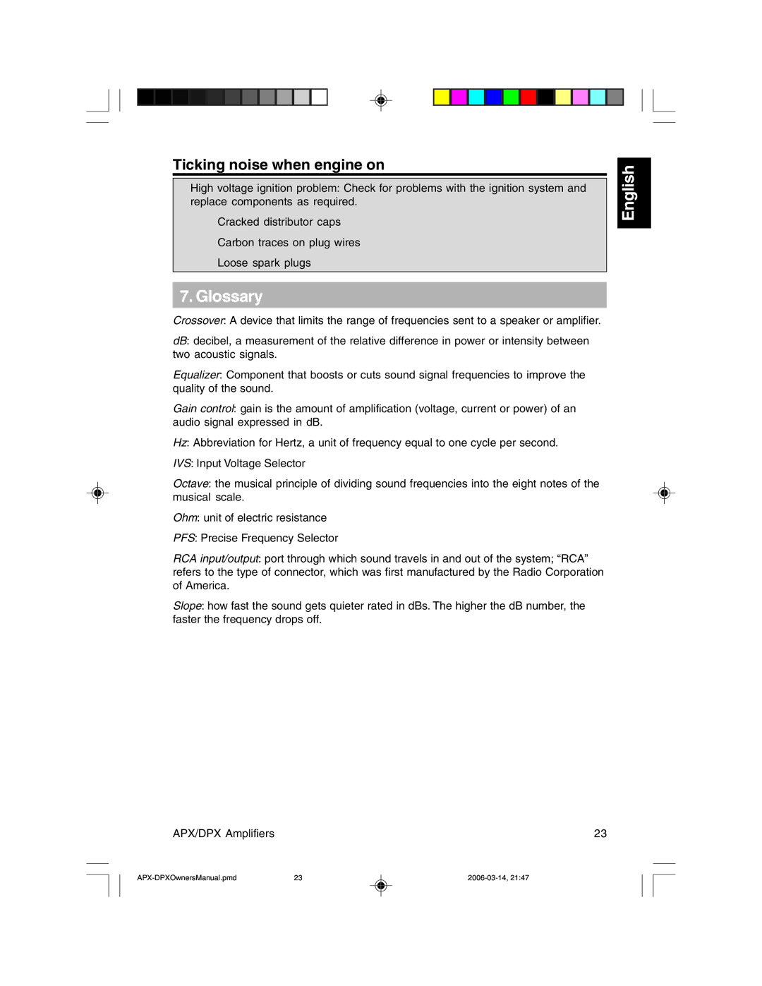 Clarion DPX2250, DPX1800, DPX11500, APX2180, APX4360 owner manual Glossary, Ticking noise when engine on 