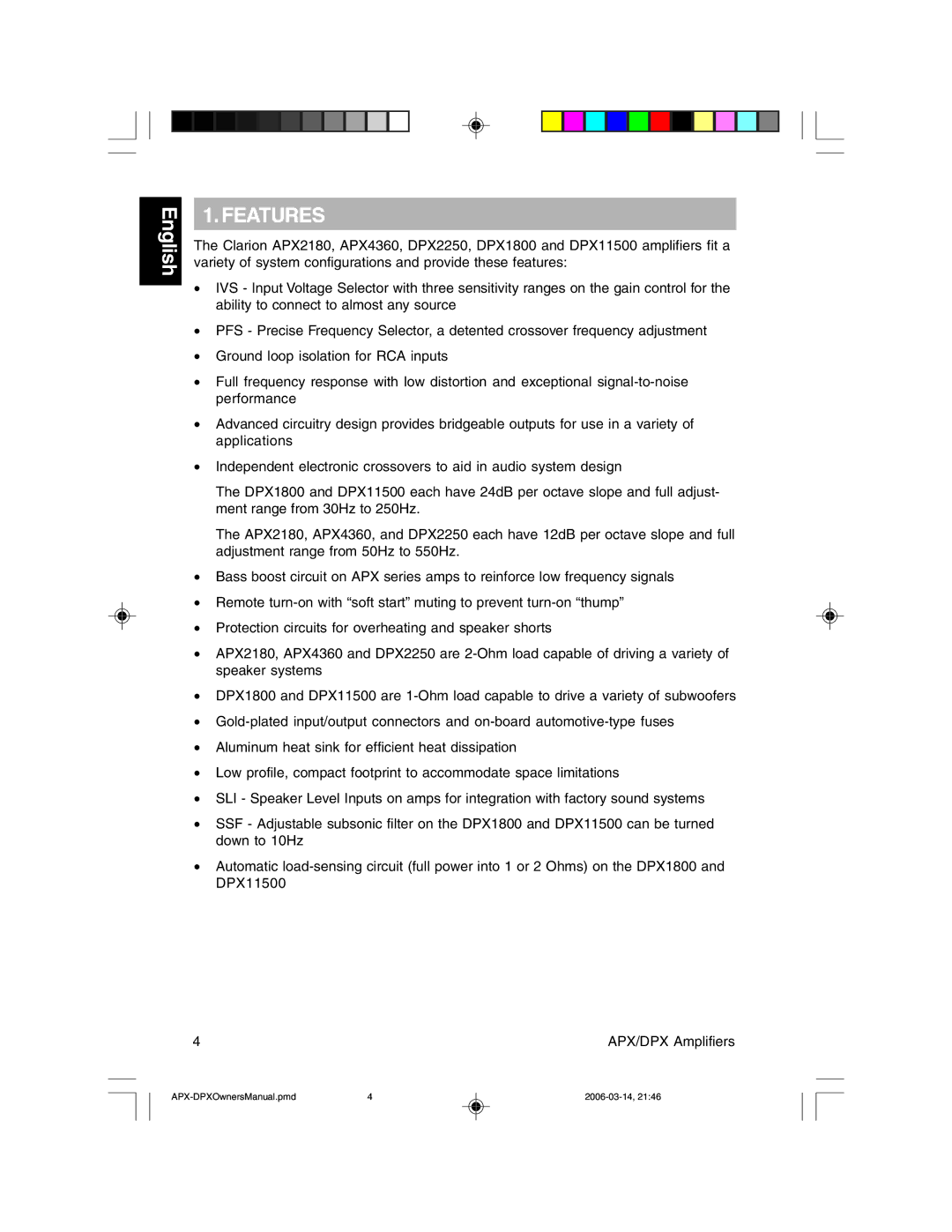 Clarion APX4360, DPX1800, DPX11500, APX2180, DPX2250 owner manual Features 