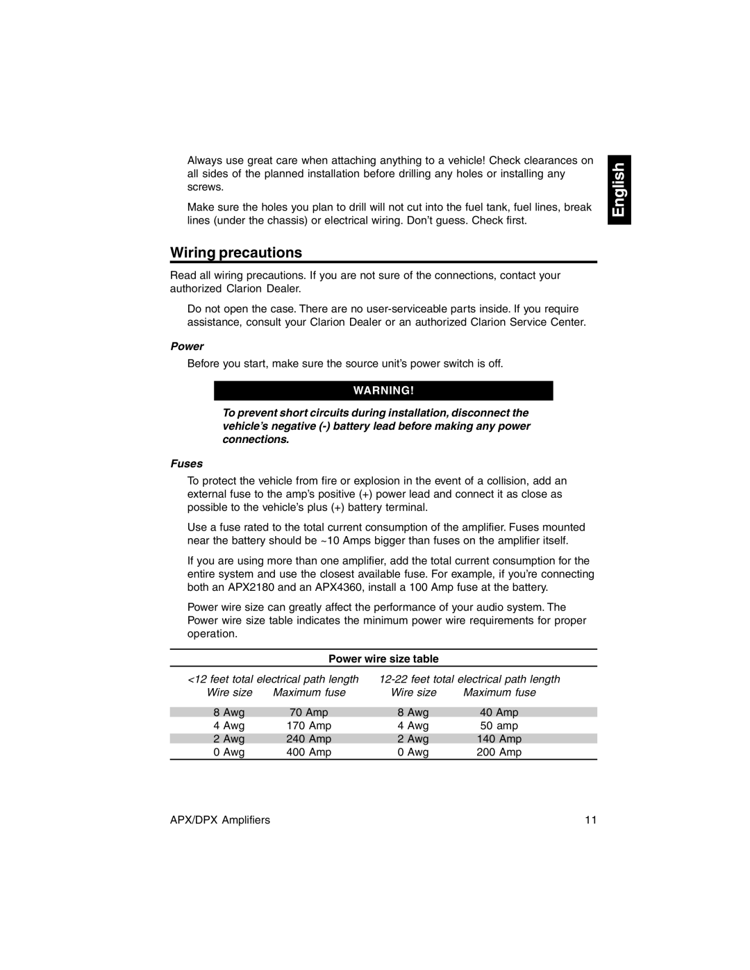 Clarion DPX11500, DPX1800, APX2180, DPX2250, APX4360 owner manual Wiring precautions, Power wire size table 