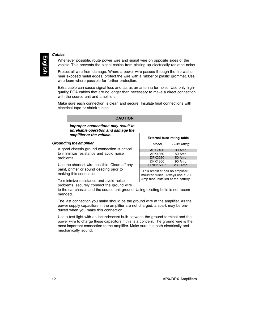 Clarion APX2180, DPX1800, DPX11500, DPX2250, APX4360 owner manual Cables, Grounding the amplifier 