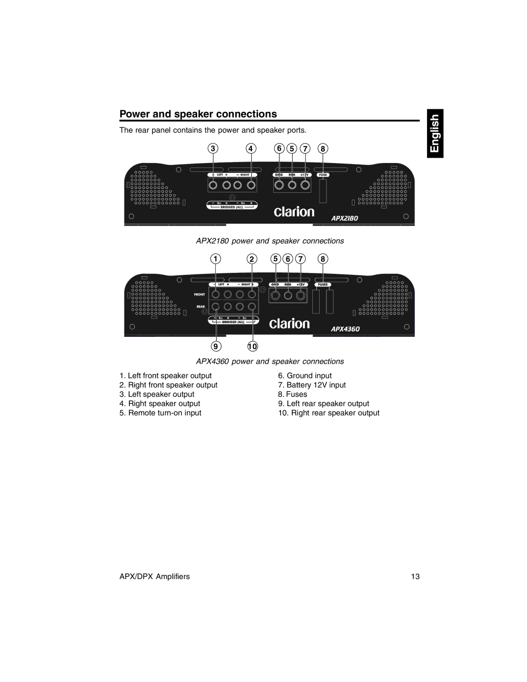 Clarion DPX2250, DPX1800, DPX11500, APX2180, APX4360 owner manual Power and speaker connections 