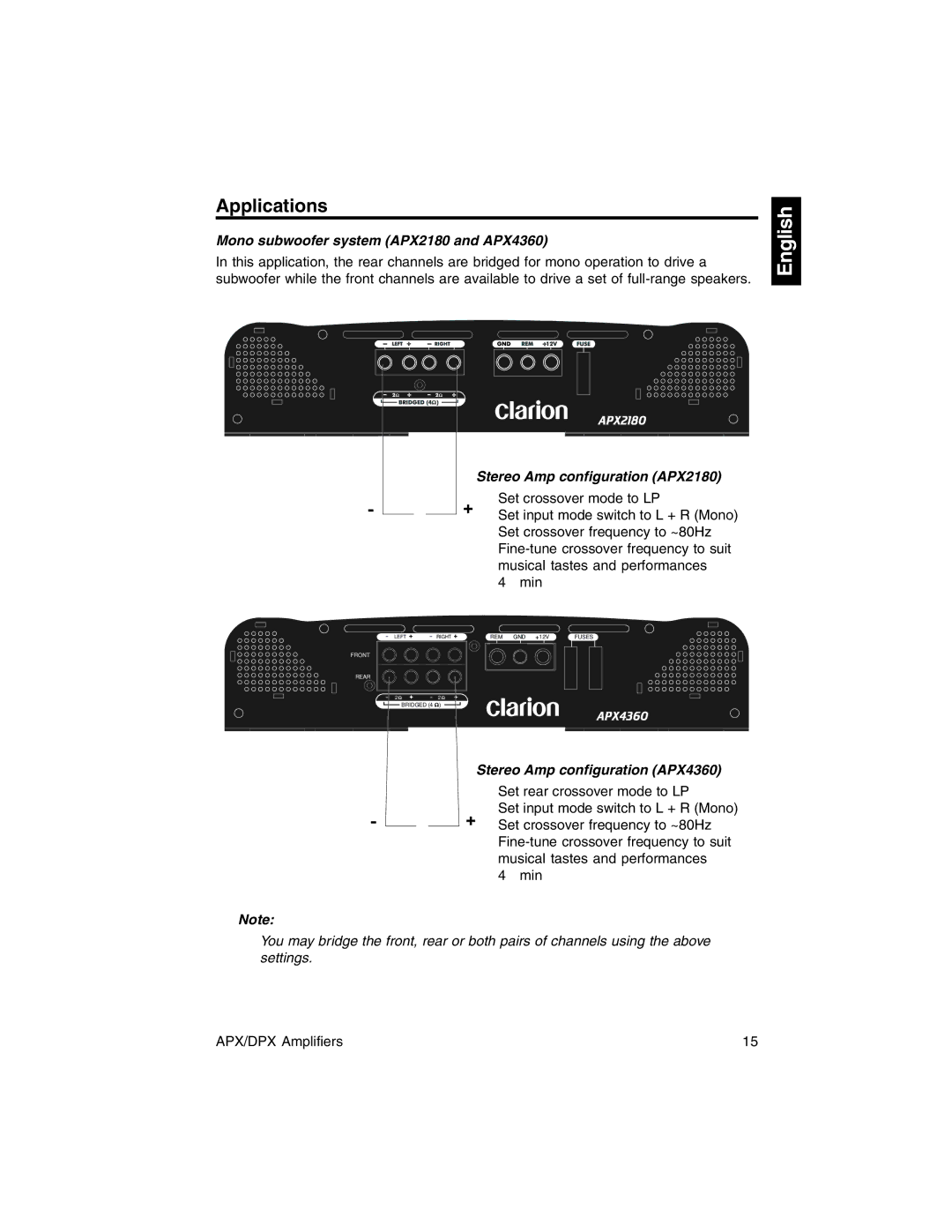 Clarion DPX1800, DPX11500 Applications, Mono subwoofer system APX2180 and APX4360, Stereo Amp configuration APX2180 