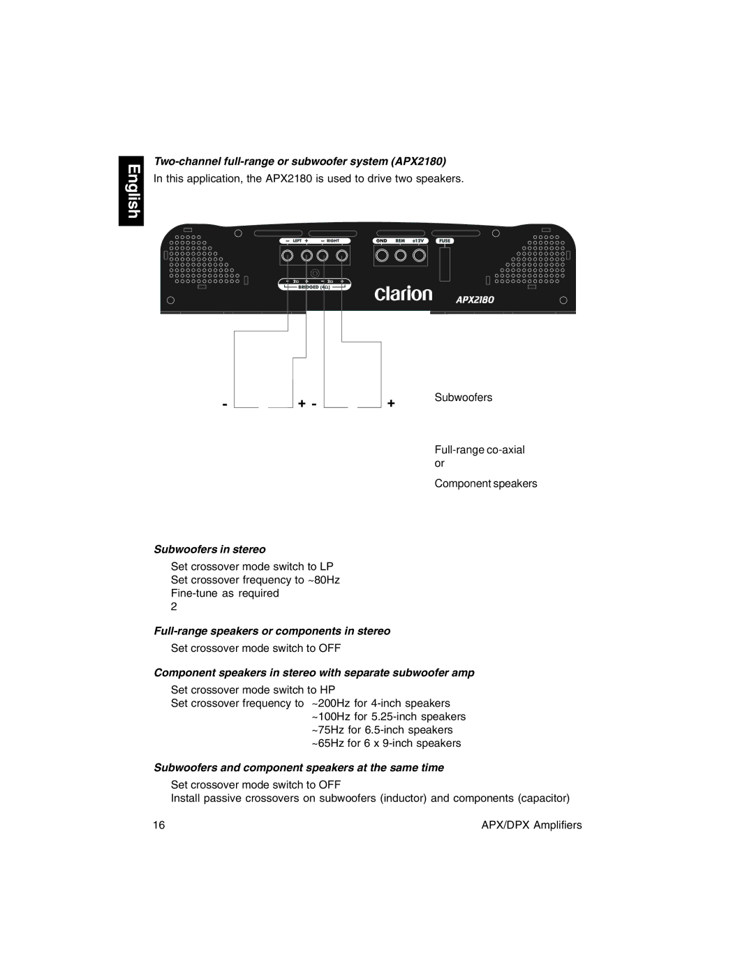 Clarion DPX11500, DPX1800, DPX2250, APX4360 Two-channel full-range or subwoofer system APX2180, Subwoofers in stereo 