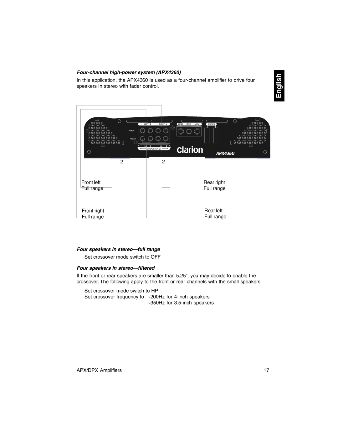 Clarion APX2180, DPX1800, DPX11500, DPX2250 Four-channel high-power system APX4360, Four speakers in stereo-full range 