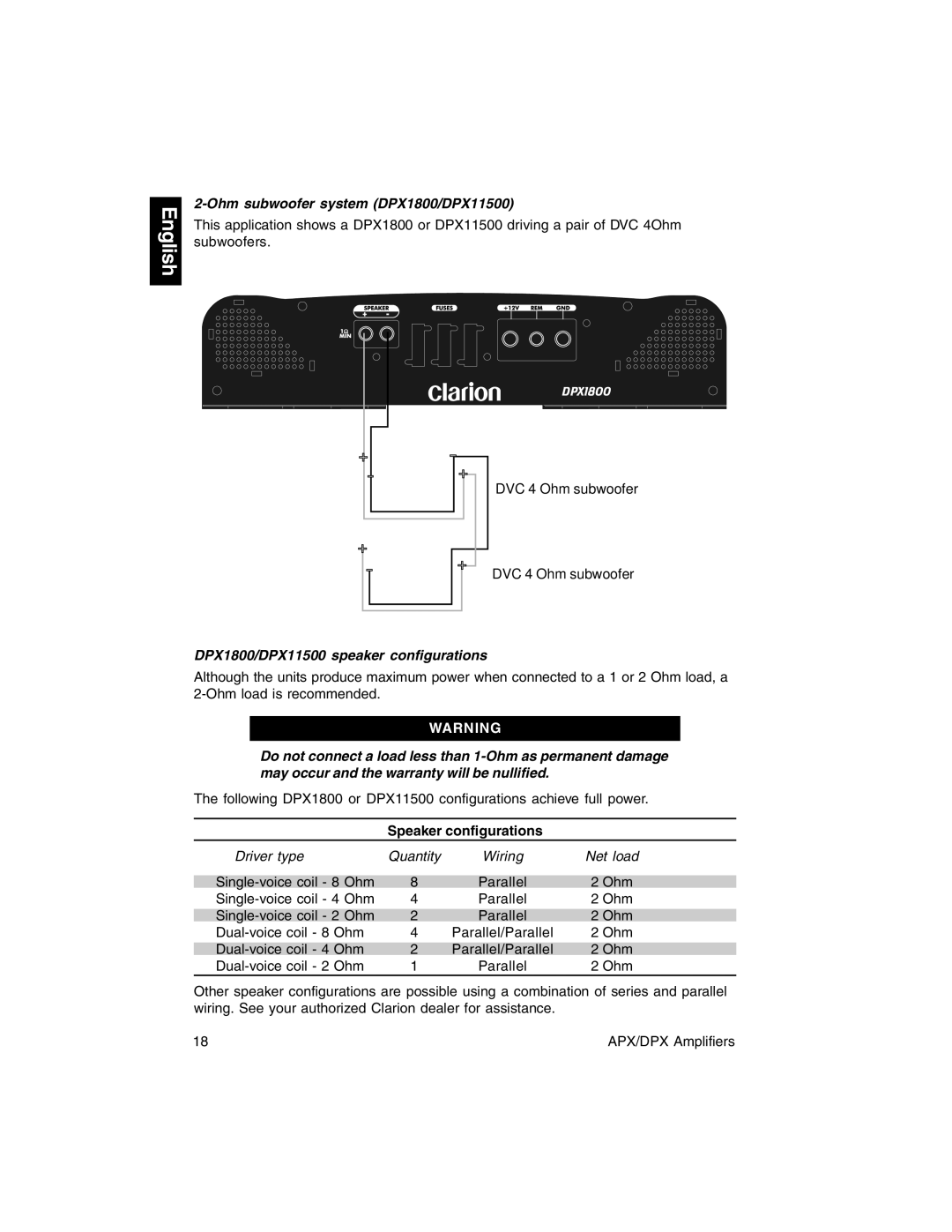 Clarion DPX2250 Ohm subwoofer system DPX1800/DPX11500, DPX1800/DPX11500 speaker configurations, Speaker configurations 