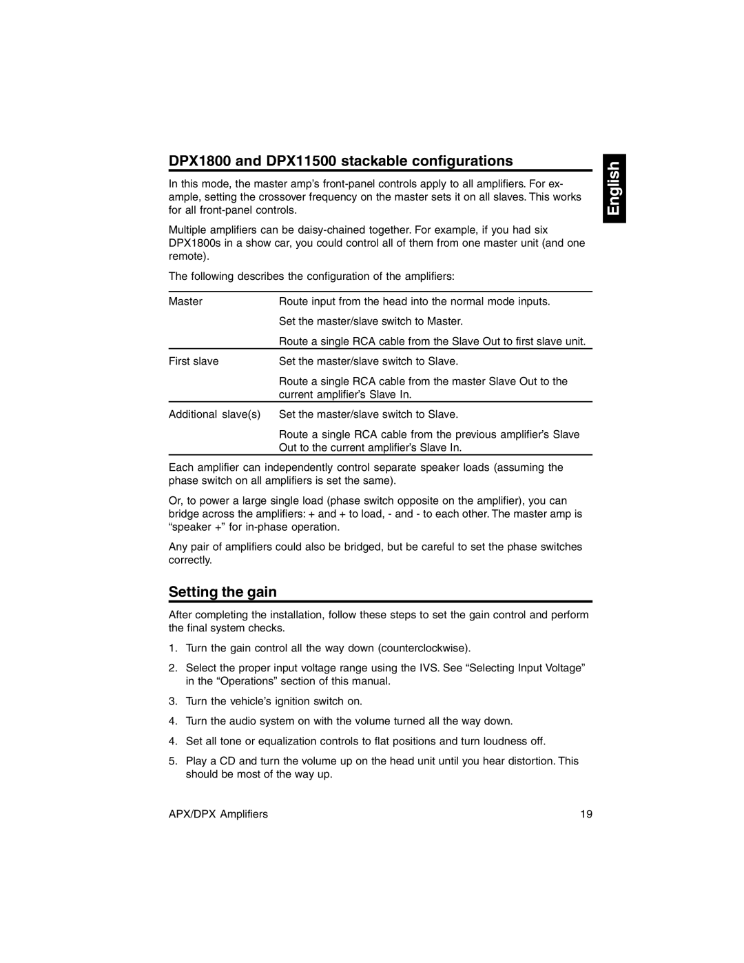 Clarion APX4360, APX2180, DPX2250 owner manual DPX1800 and DPX11500 stackable configurations, Setting the gain 