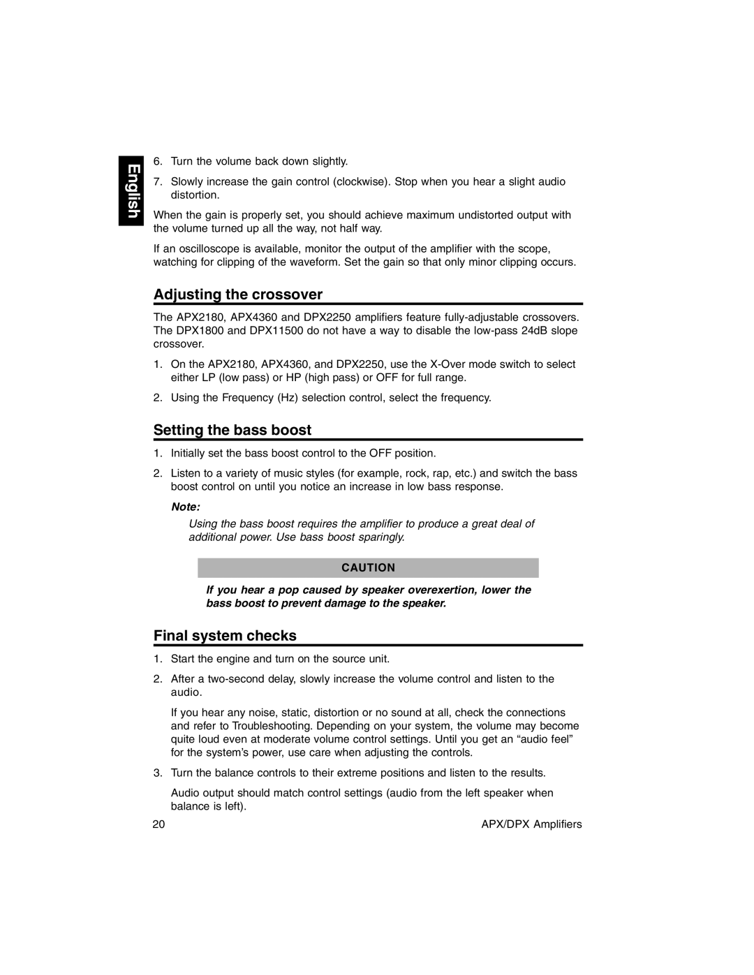 Clarion DPX1800, DPX11500, APX2180, DPX2250, APX4360 Adjusting the crossover, Setting the bass boost, Final system checks 