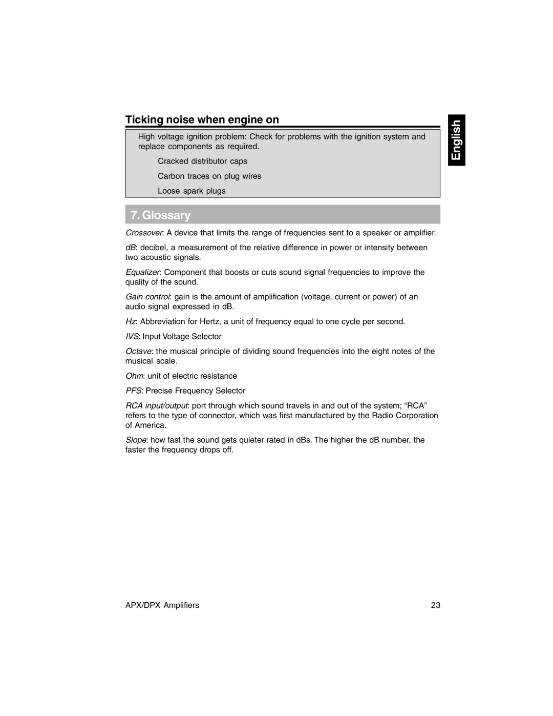 Clarion DPX2250, DPX1800, DPX11500, APX2180, APX4360 owner manual Glossary, Ticking noise when engine on 