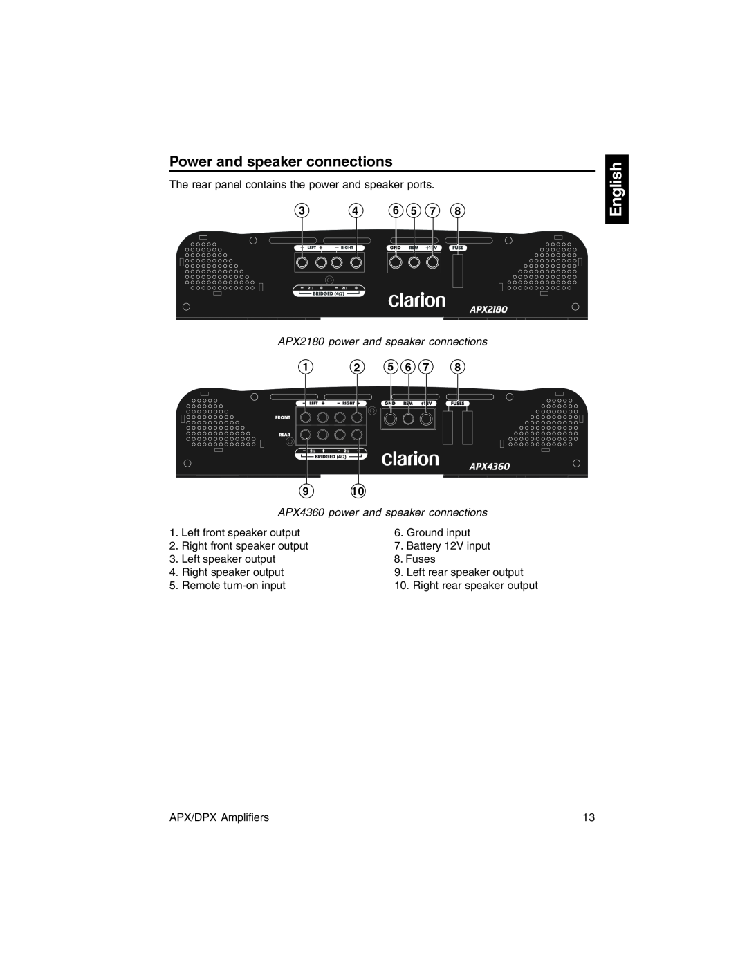 Clarion DPX2250, DPX1800, DPX11500, APX2180, APX4360 owner manual Power and speaker connections, English, APX/DPX Amplifiers 