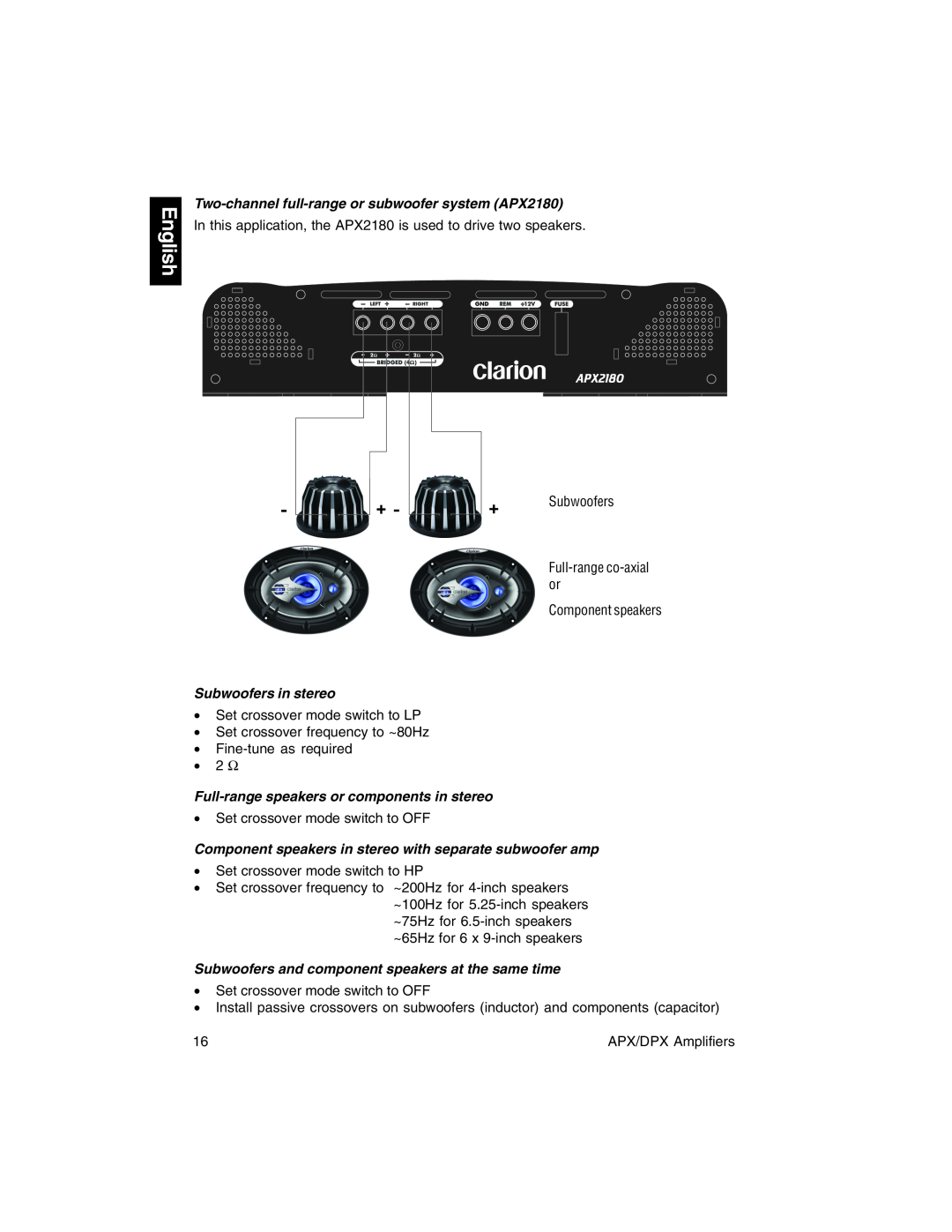 Clarion DPX11500, DPX1800, DPX2250, APX4360 Two-channel full-rangeor subwoofer system APX2180, Subwoofers in stereo, English 