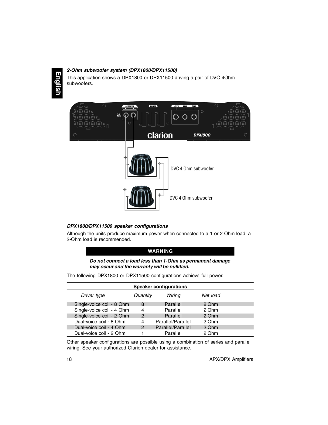 Clarion DPX2250, APX2180, APX4360 Ohmsubwoofer system DPX1800/DPX11500, DPX1800/DPX11500 speaker configurations, English 