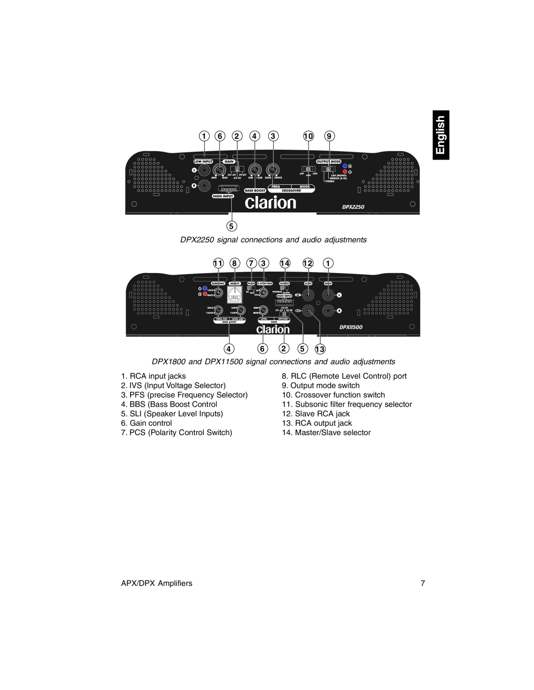 Clarion APX2180, DPX1800, DPX11500, APX4360 owner manual English, DPX2250 signal connections and audio adjustments 