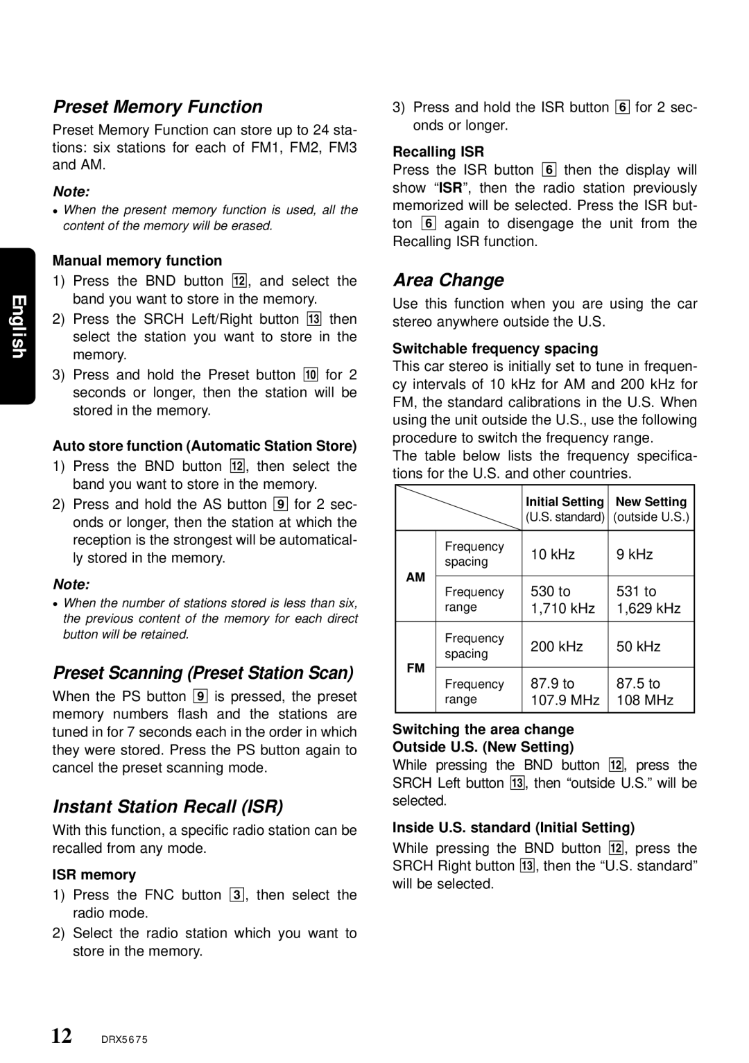 Clarion DRX5675 Preset Memory Function, Preset Scanning Preset Station Scan, Instant Station Recall ISR, Area Change 