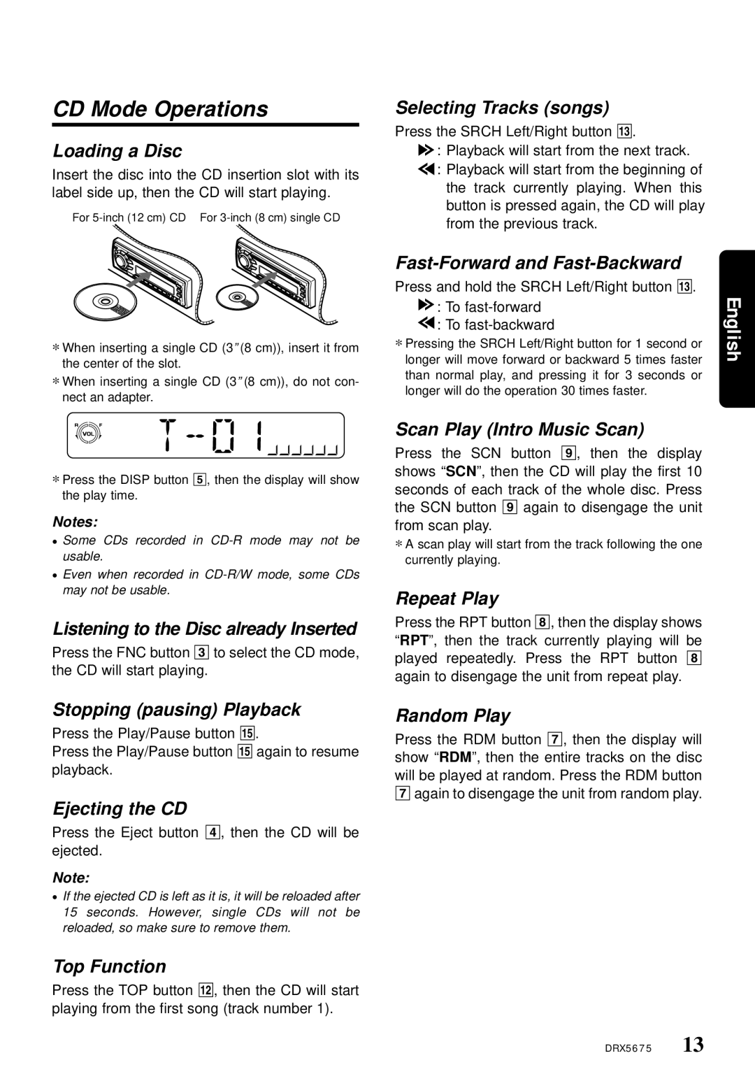 Clarion DRX5675 owner manual CD Mode Operations 