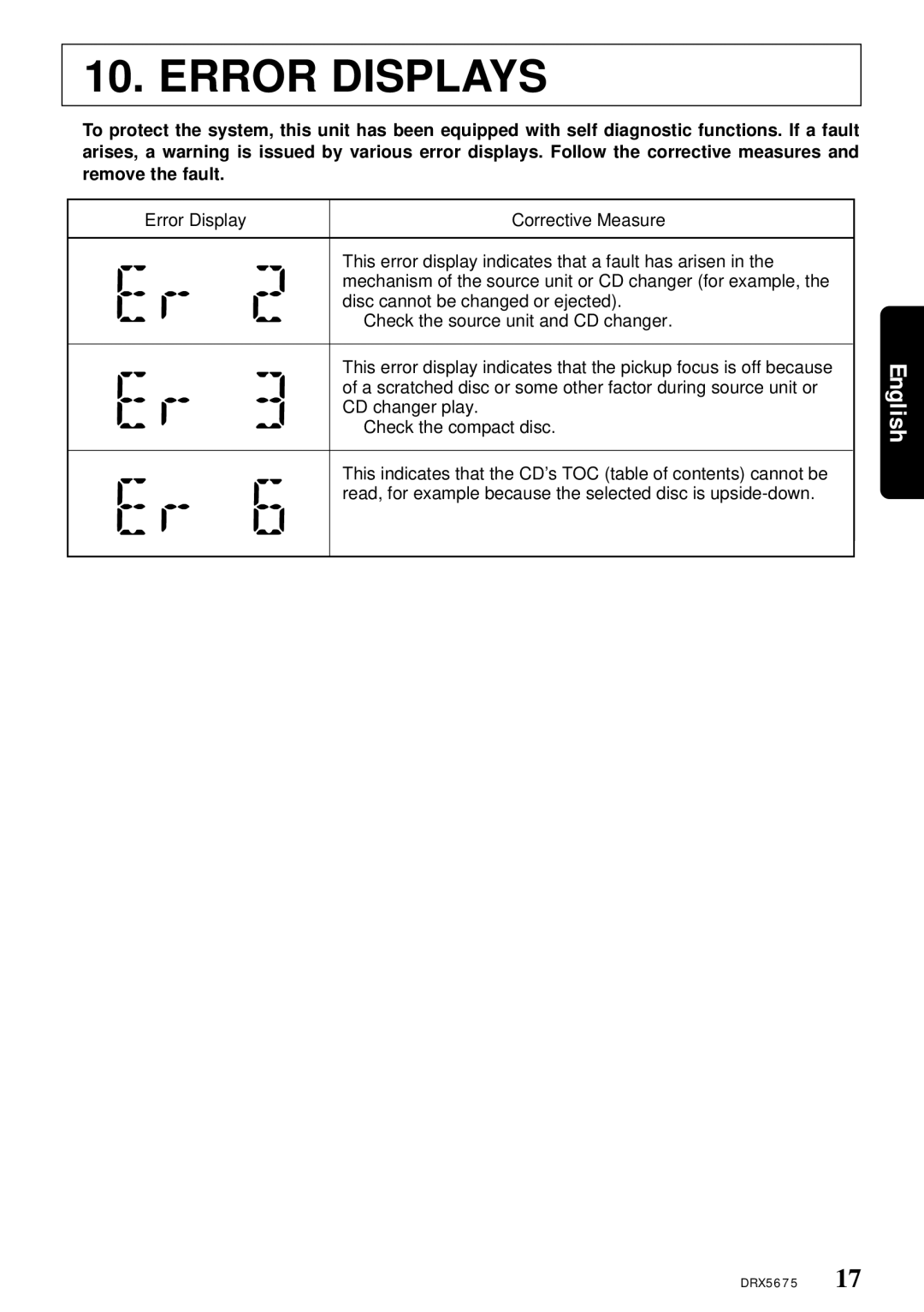 Clarion DRX5675 owner manual Error Displays 