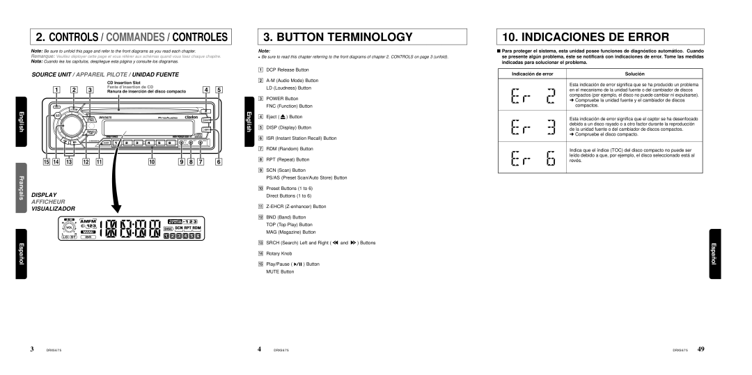 Clarion DRX5675 owner manual Indicaciones DE Error, Indicación de error 