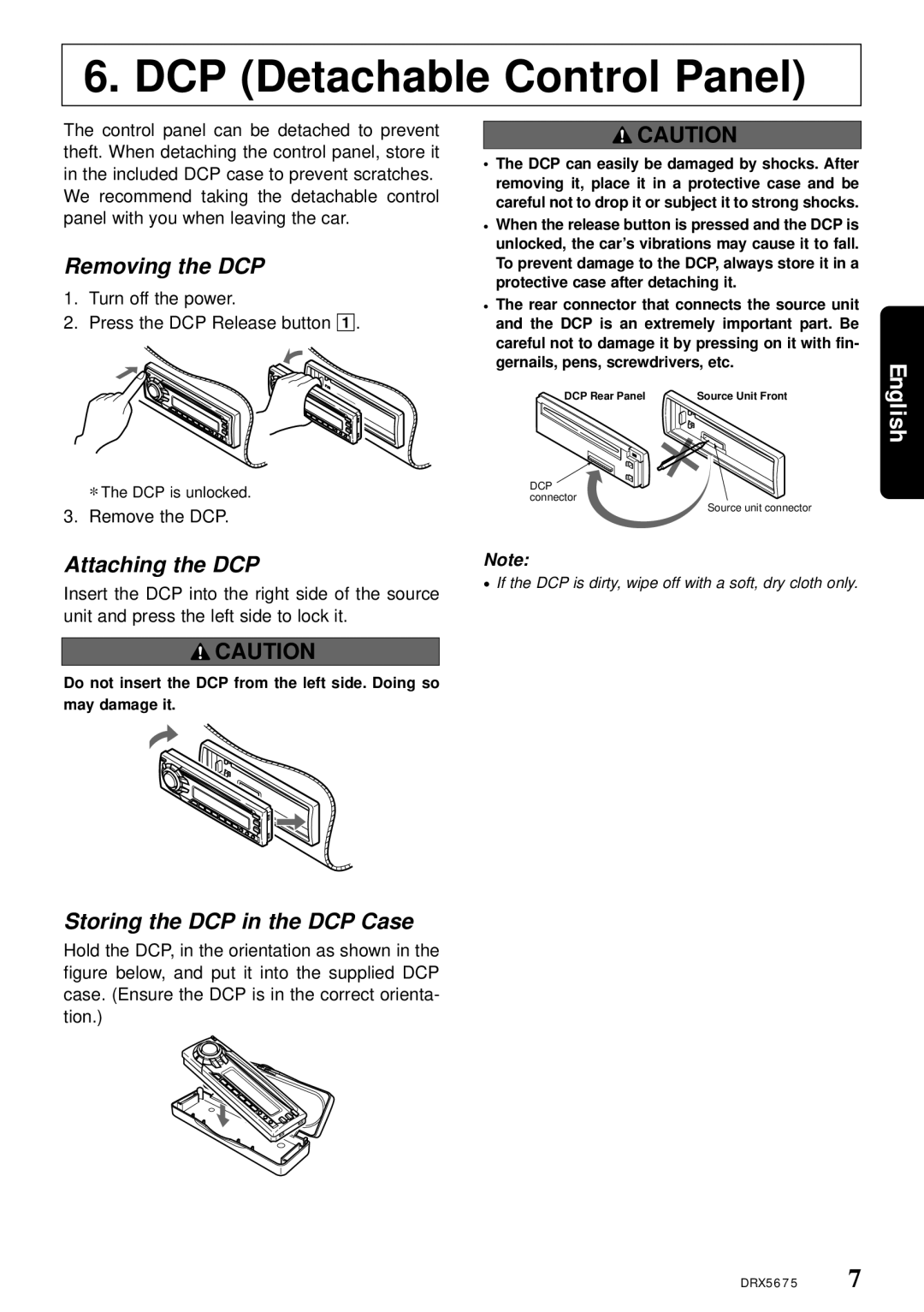 Clarion DRX5675 owner manual Removing the DCP, Attaching the DCP, Storing the DCP in the DCP Case 