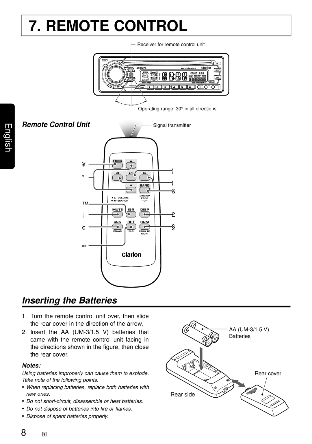 Clarion DRX5675 owner manual Inserting the Batteries, Remote Control Unit 