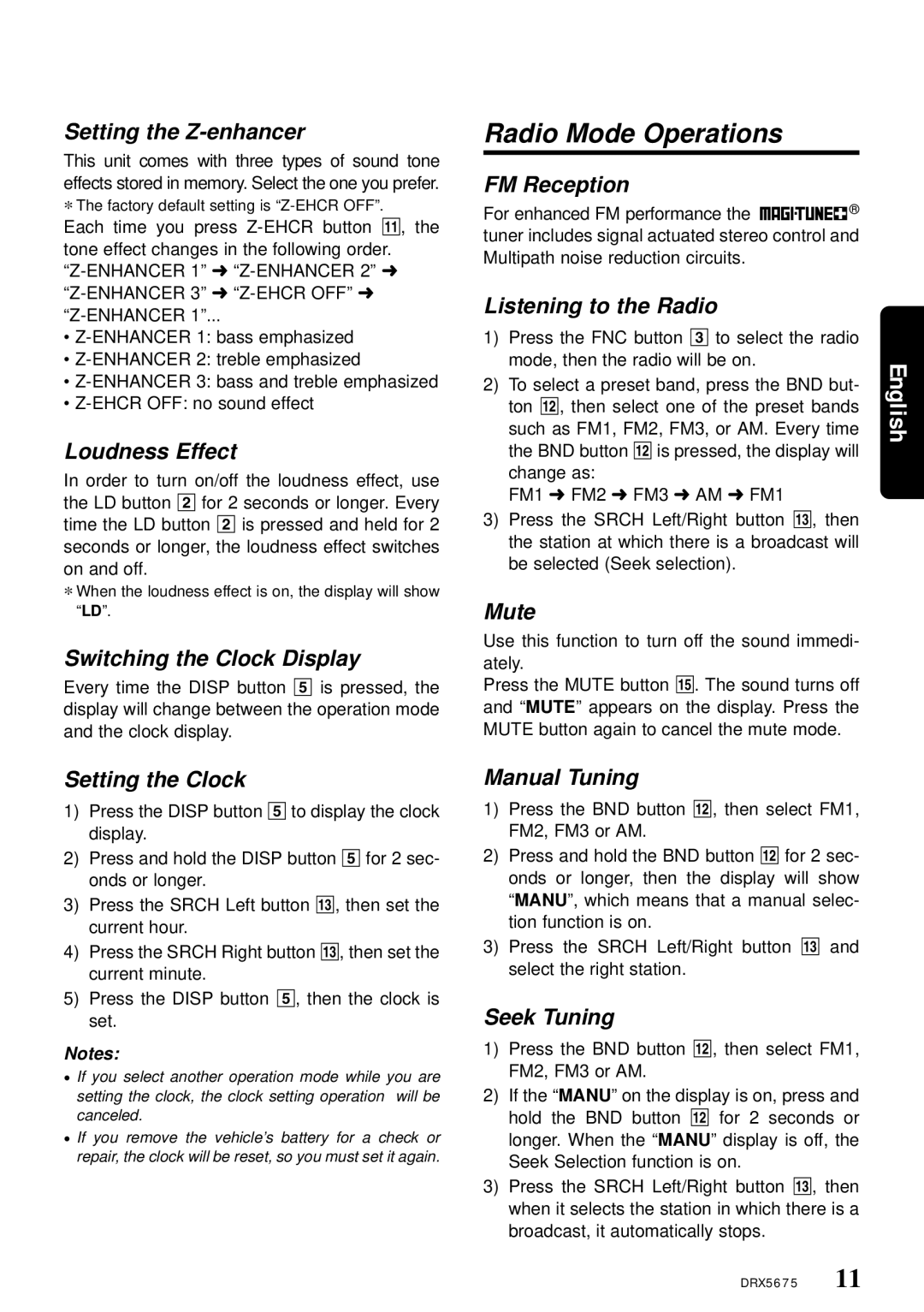 Clarion DRX5675 owner manual Radio Mode Operations 