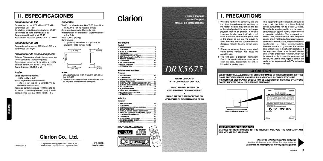 Clarion DRX5675 owner manual Especificaciones, Precautions, English, Español, Sintonizador de FM, Sintonizador de AM 