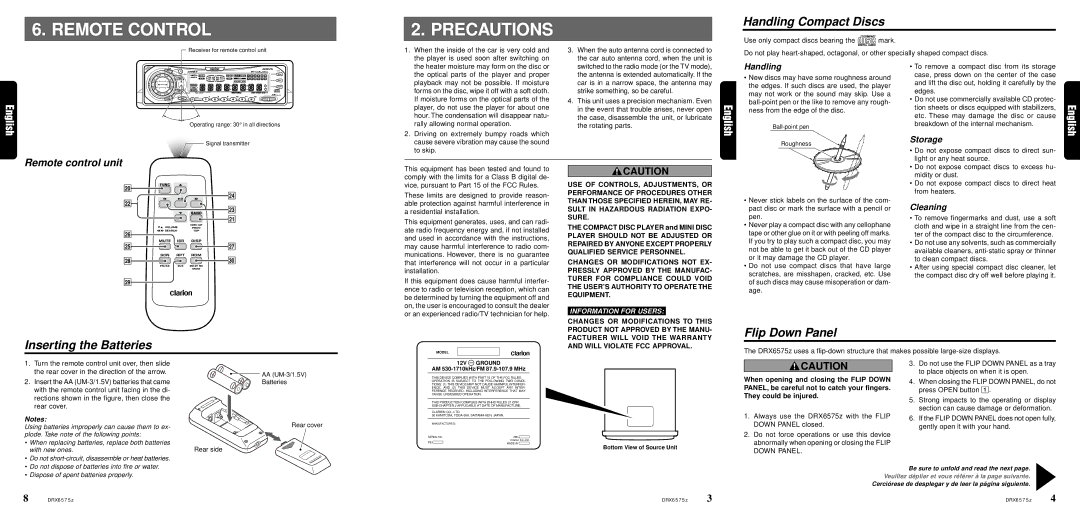 Clarion DRX6575z owner manual Remote Control Precautions, Handling Compact Discs, Inserting the Batteries, Flip Down Panel 