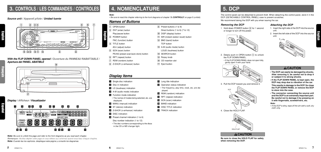 Clarion DRX6575z owner manual Nomenclature, Names of Buttons, Display Items 