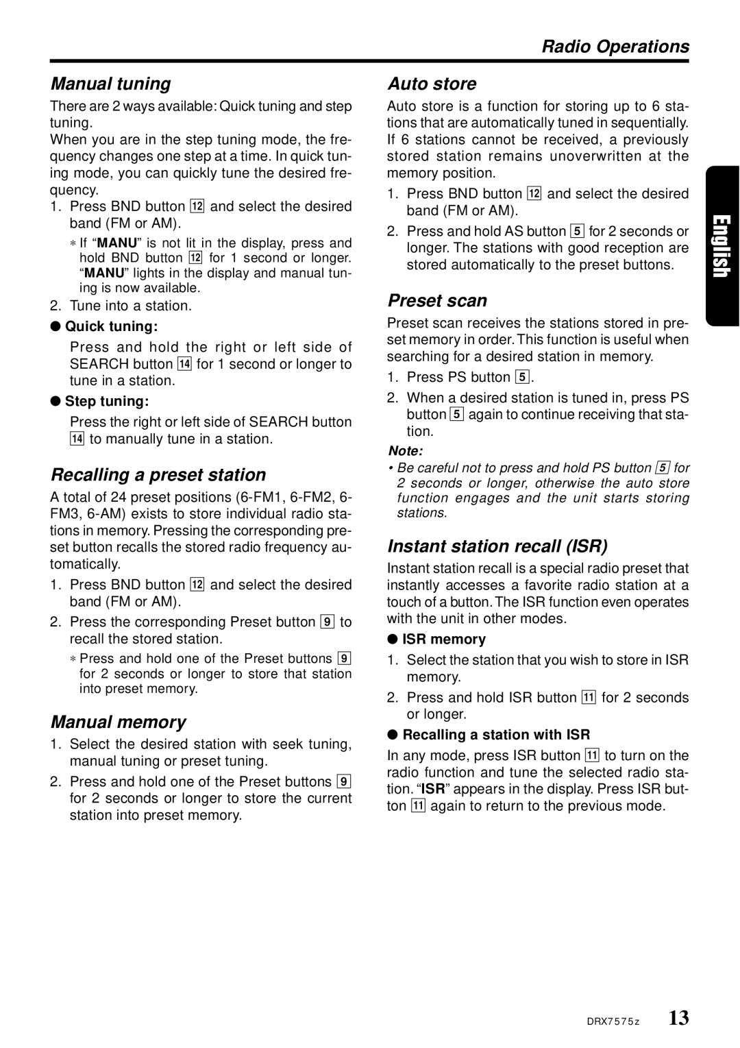 Clarion DRX7575Z Radio Operations Manual tuning, Recalling a preset station, Manual memory, Auto store, Preset scan 