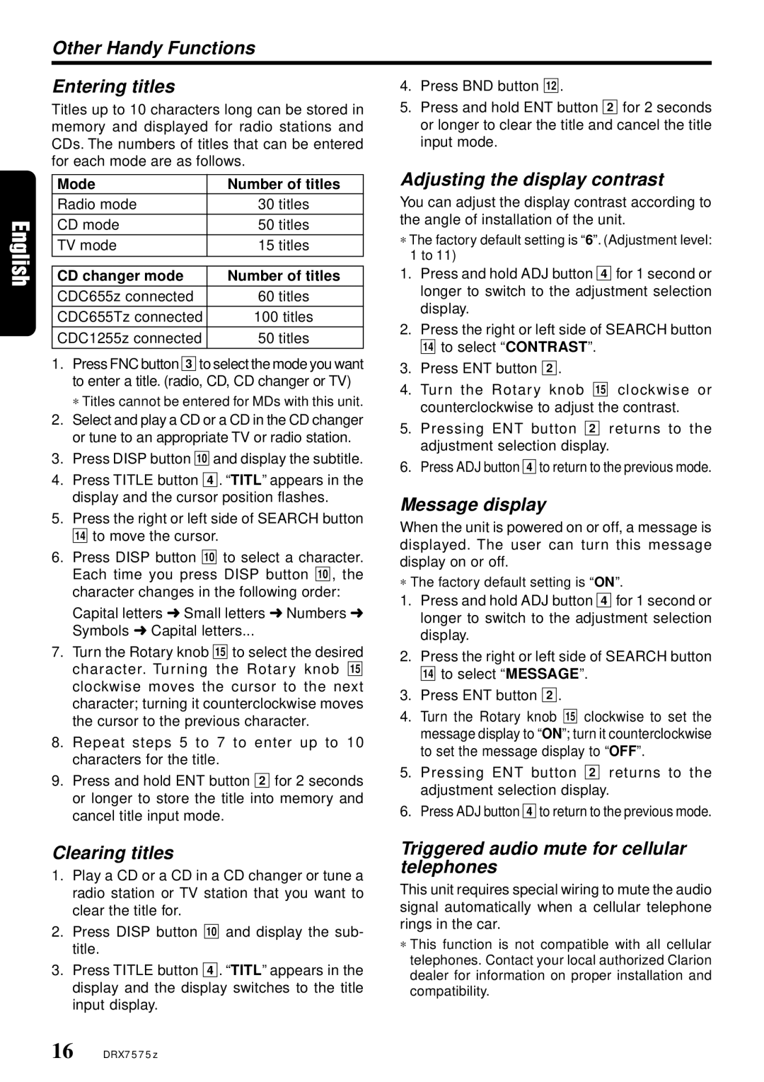 Clarion DRX7575Z Other Handy Functions Entering titles, Adjusting the display contrast, Message display, Clearing titles 