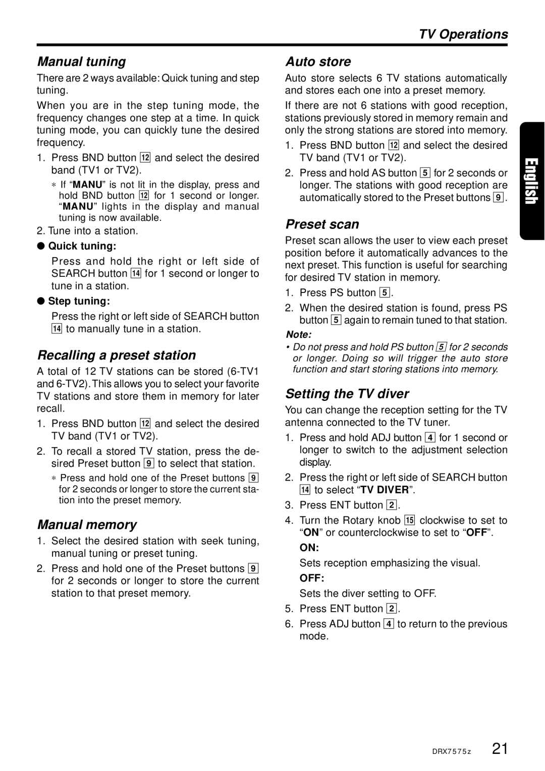 Clarion DRX7575Z owner manual TV Operations Manual tuning, Setting the TV diver 