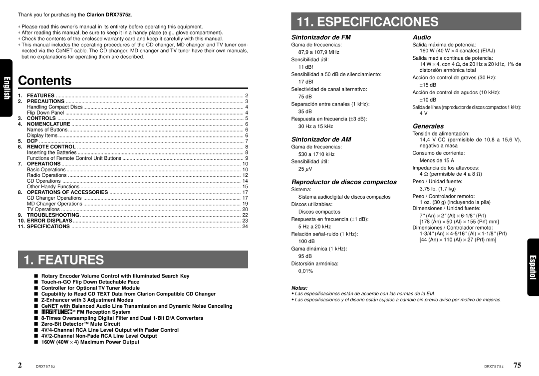 Clarion DRX7575Z owner manual Especificaciones, Features 