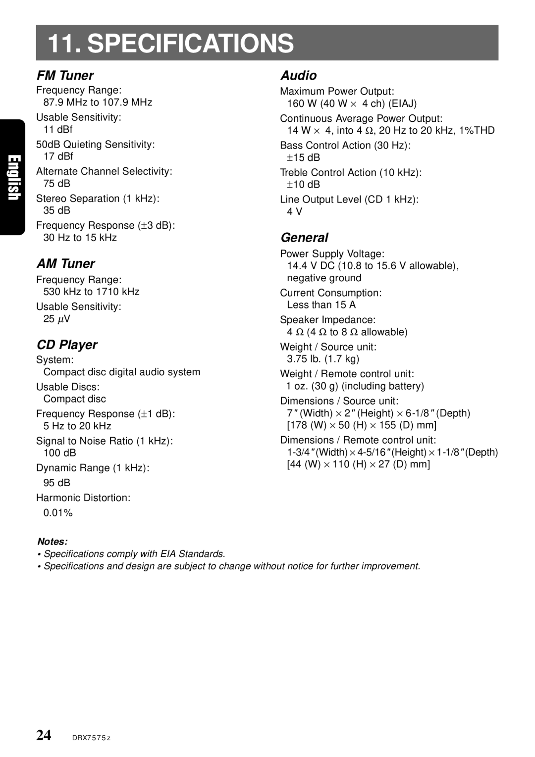 Clarion DRX7575Z owner manual Specifications, FM Tuner, AM Tuner, CD Player, General 