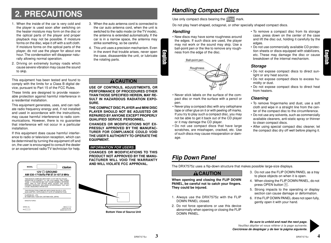 Clarion DRX7575Z owner manual Precautions, Handling Compact Discs, Flip Down Panel 