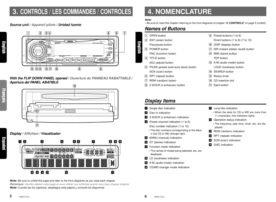 Clarion DRX7575Z owner manual Nomenclature, Names of Buttons, Display Items, Source unit / Appareil pilote / Unidad fuente 