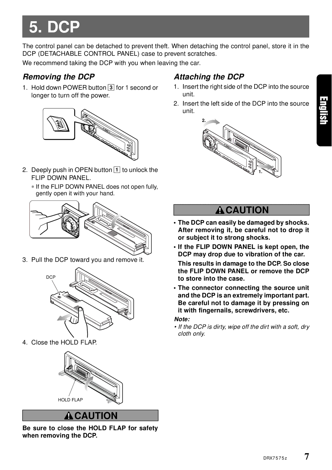 Clarion DRX7575Z owner manual Removing the DCP, Attaching the DCP 