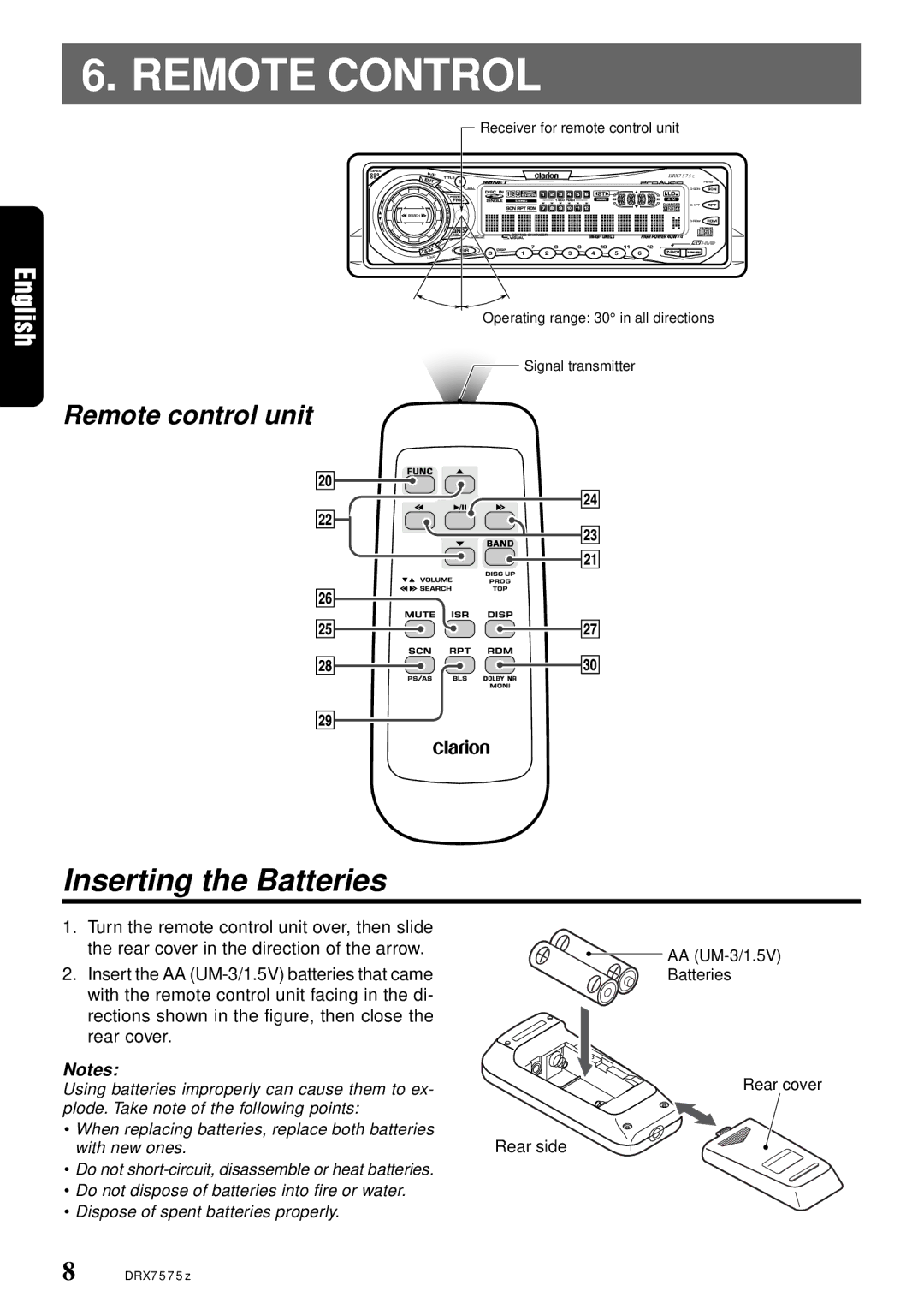 Clarion DRX7575Z owner manual Remote Control, Inserting the Batteries 