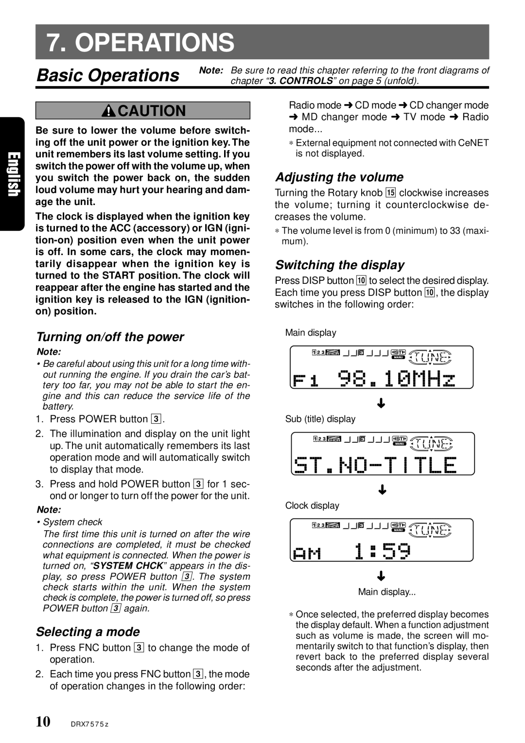 Clarion DRX7575Z owner manual Basic Operations 