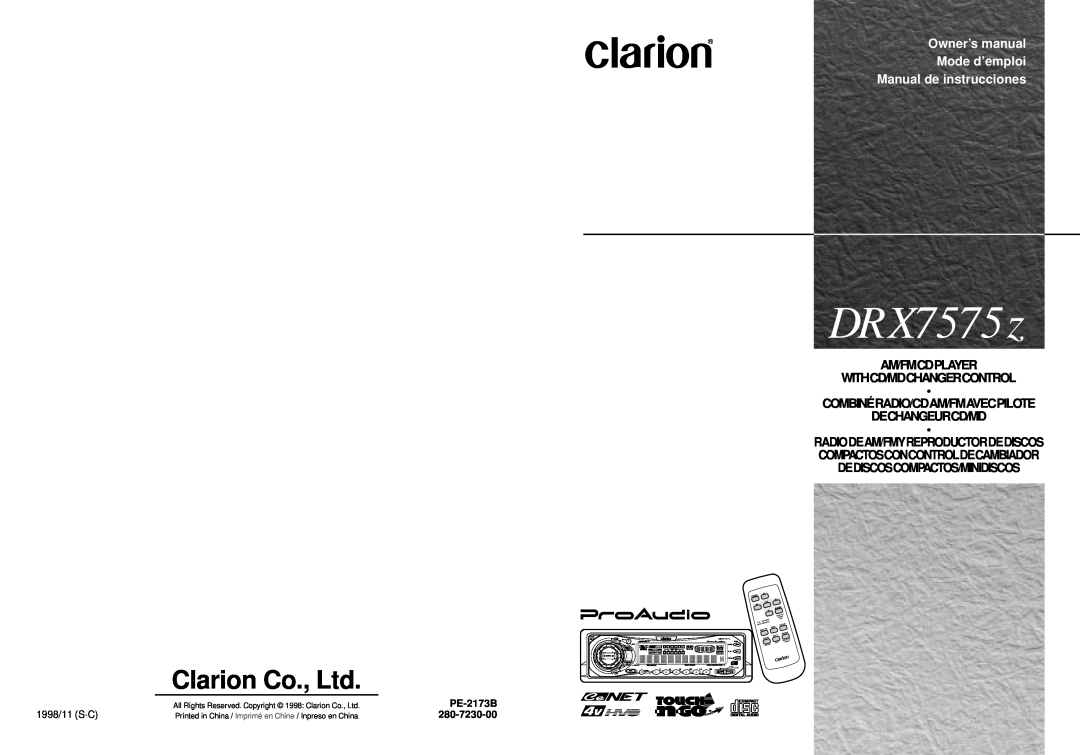 Clarion DRX7575Z owner manual PE-2173B, 280-7230-00, DRX7575z, Owner’s manual Mode d’emploi Manual de instrucciones, 1 2 3 