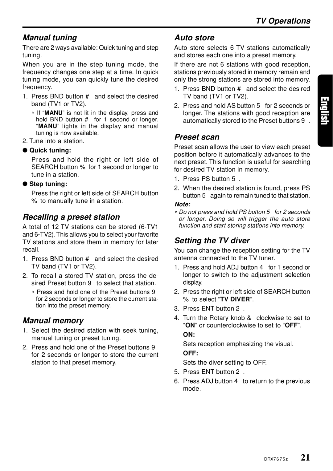 Clarion DRX7675Z owner manual TV Operations Manual tuning, Setting the TV diver 