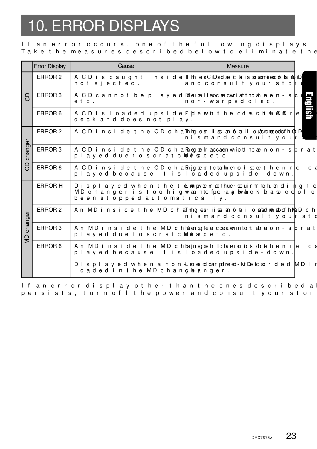 Clarion DRX7675Z owner manual Error Displays 