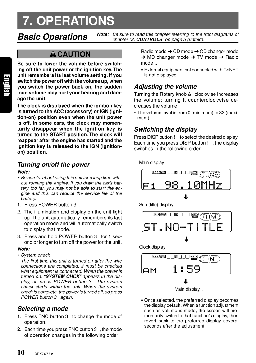 Clarion DRX7675Z owner manual Basic Operations 