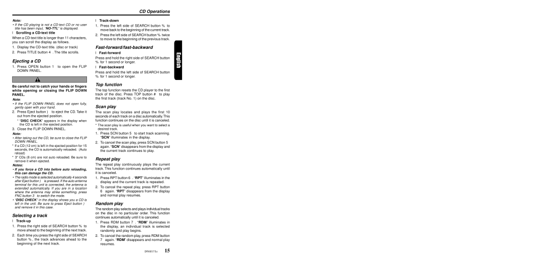 Clarion DRX8575z CD Operations, Ejecting a CD, Selecting a track, Fast-forward/fast-backward, Top function, Scan play 