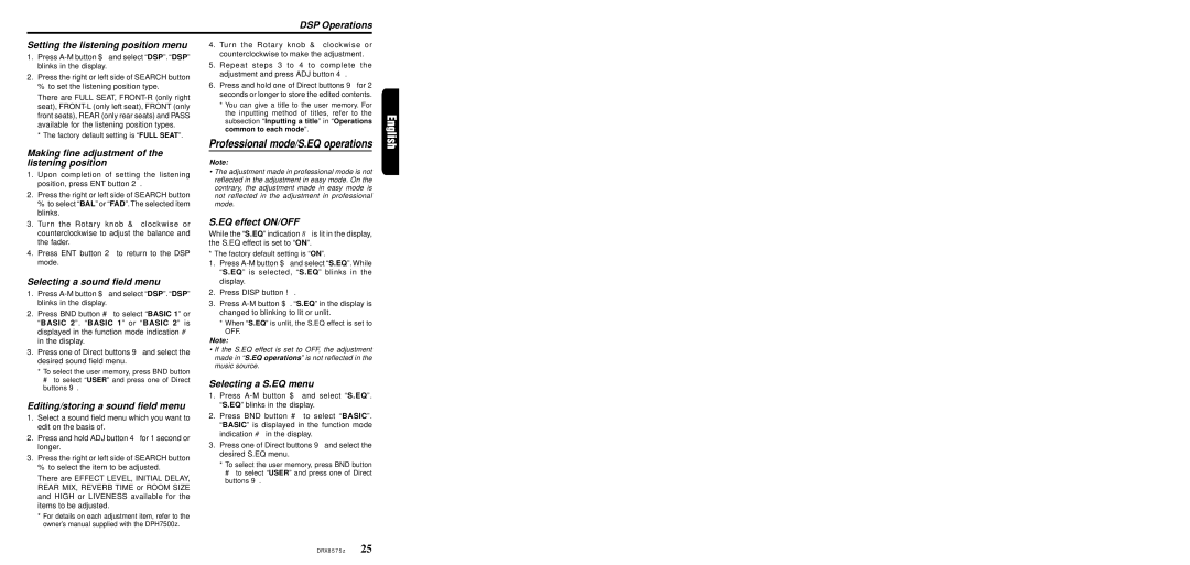 Clarion DRX8575z DSP Operations Setting the listening position menu, Making fine adjustment of the listening position 