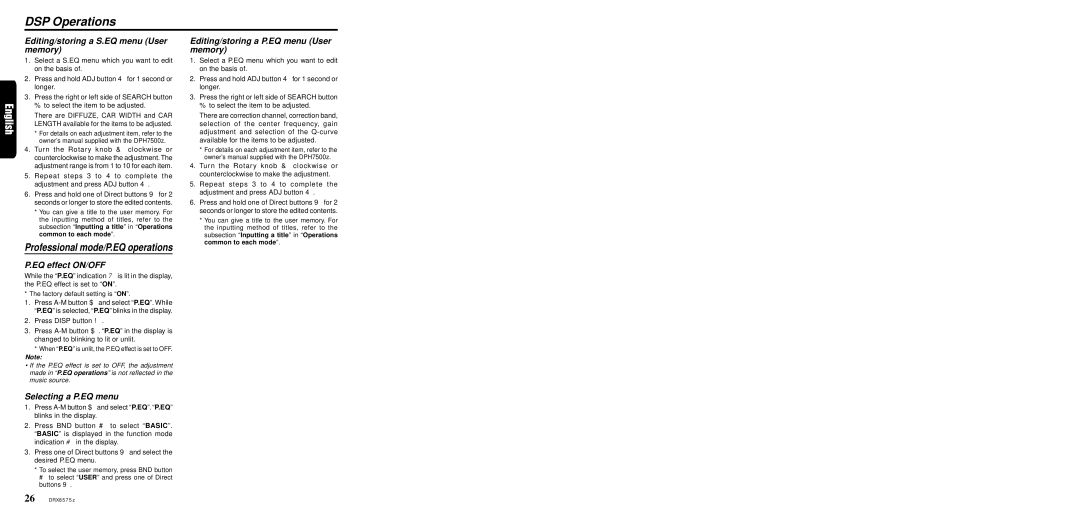 Clarion DRX8575z Editing/storing a S.EQ menu User memory, Selecting a P.EQ menu, Editing/storing a P.EQ menu User memory 