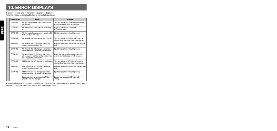 Clarion DRX8575z owner manual Error Displays, Error Display Cause Measure 