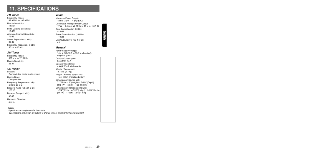 Clarion DRX8575z owner manual Specifications 