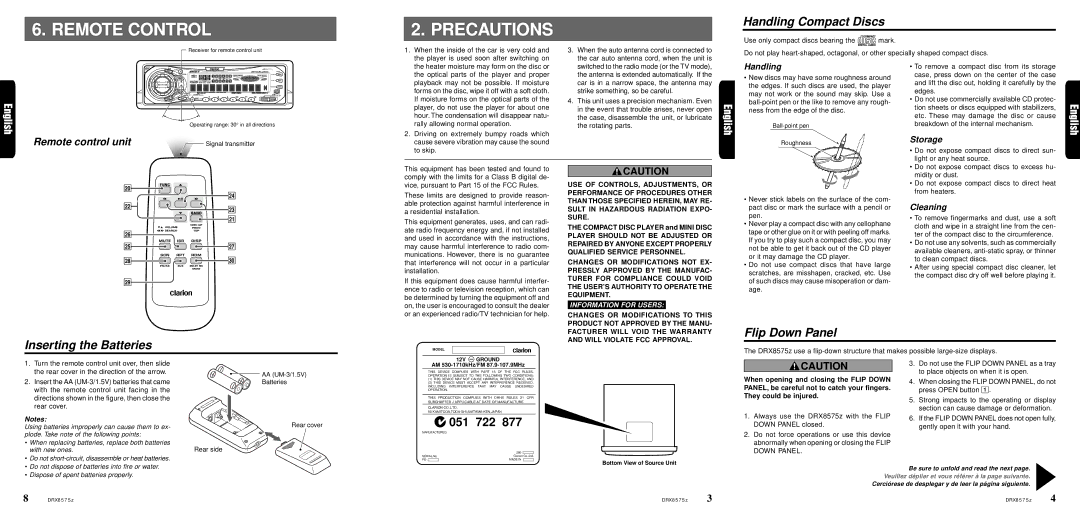 Clarion DRX8575z owner manual Remote Control Precautions, Handling Compact Discs, Inserting the Batteries, Flip Down Panel 