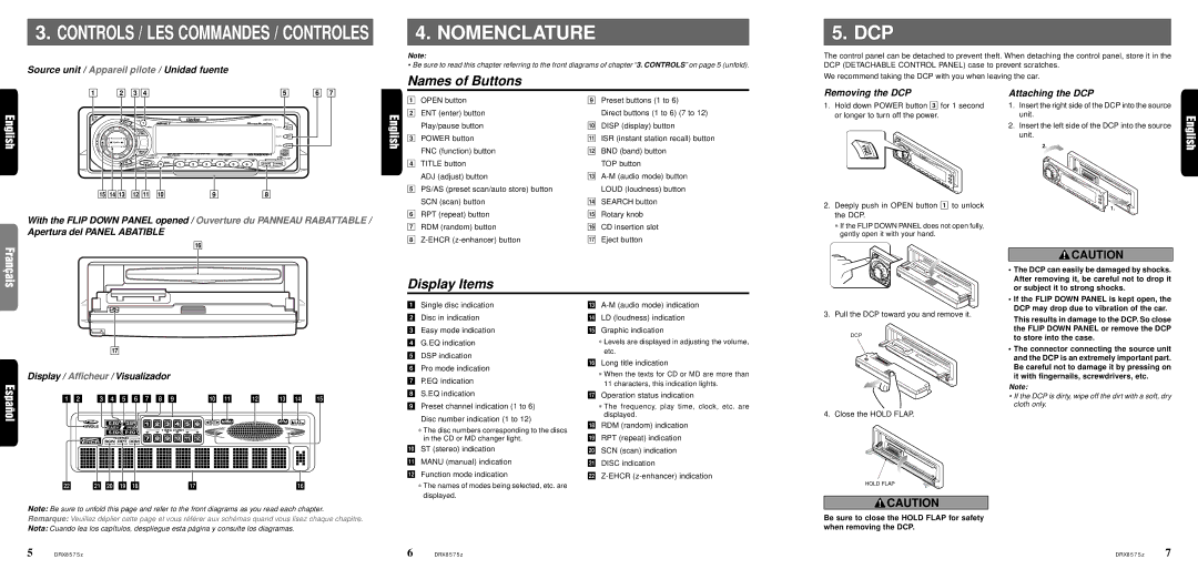 Clarion DRX8575z owner manual Nomenclature, Names of Buttons, Display Items 